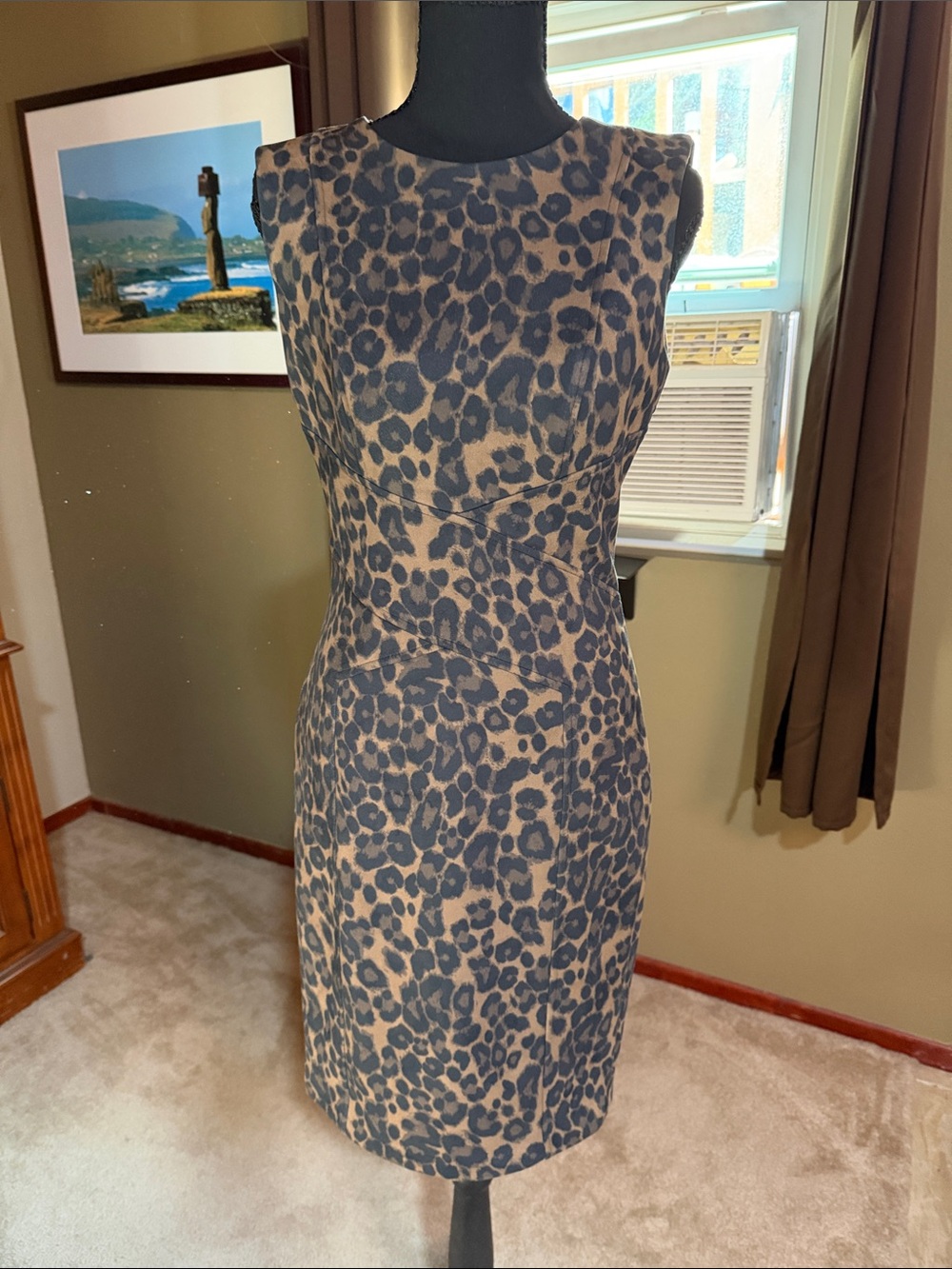Tommy Hilfiger Brown and Black Leopard Midi Sheath scuba Dress